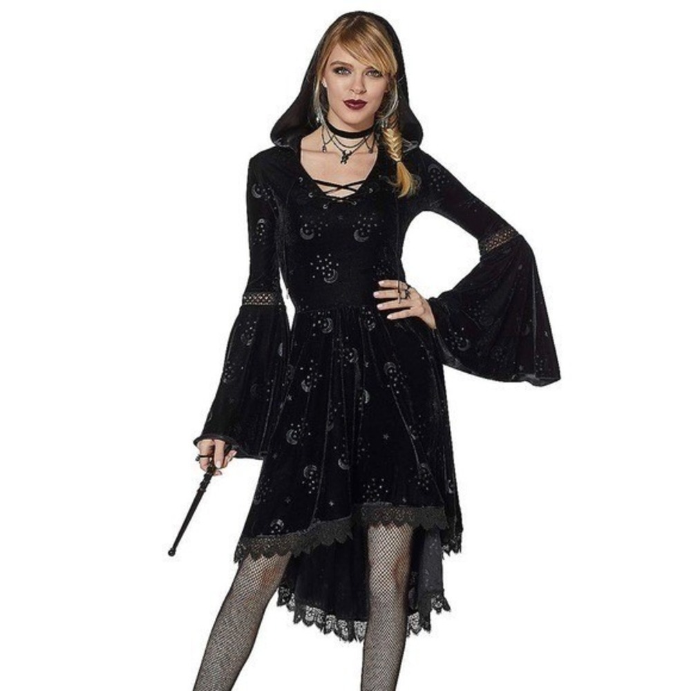 Spirit‎ Witchy Coven Goth dress velvet bell sleeve high low Halloween costume S